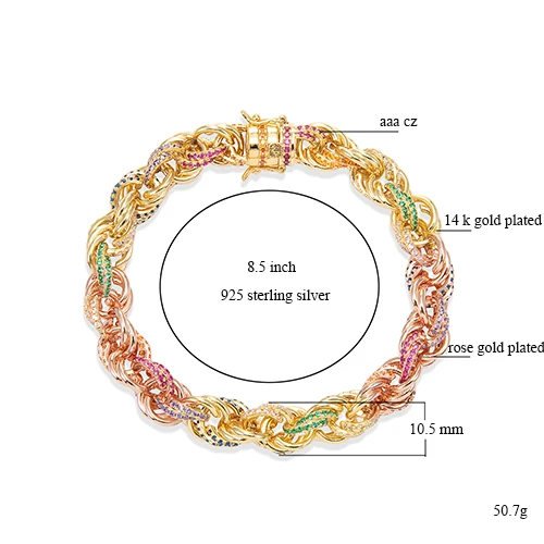 10.5mm width VANAXIN, 925 пробы, серебряные ожерелья и браслеты, смешанные цвета, CZ, побрякушки, очаровательные витые ожерелья, 925, 18 дюймов, цепочка, хип-хоп подарок - Окраска металла: 10.5mm width