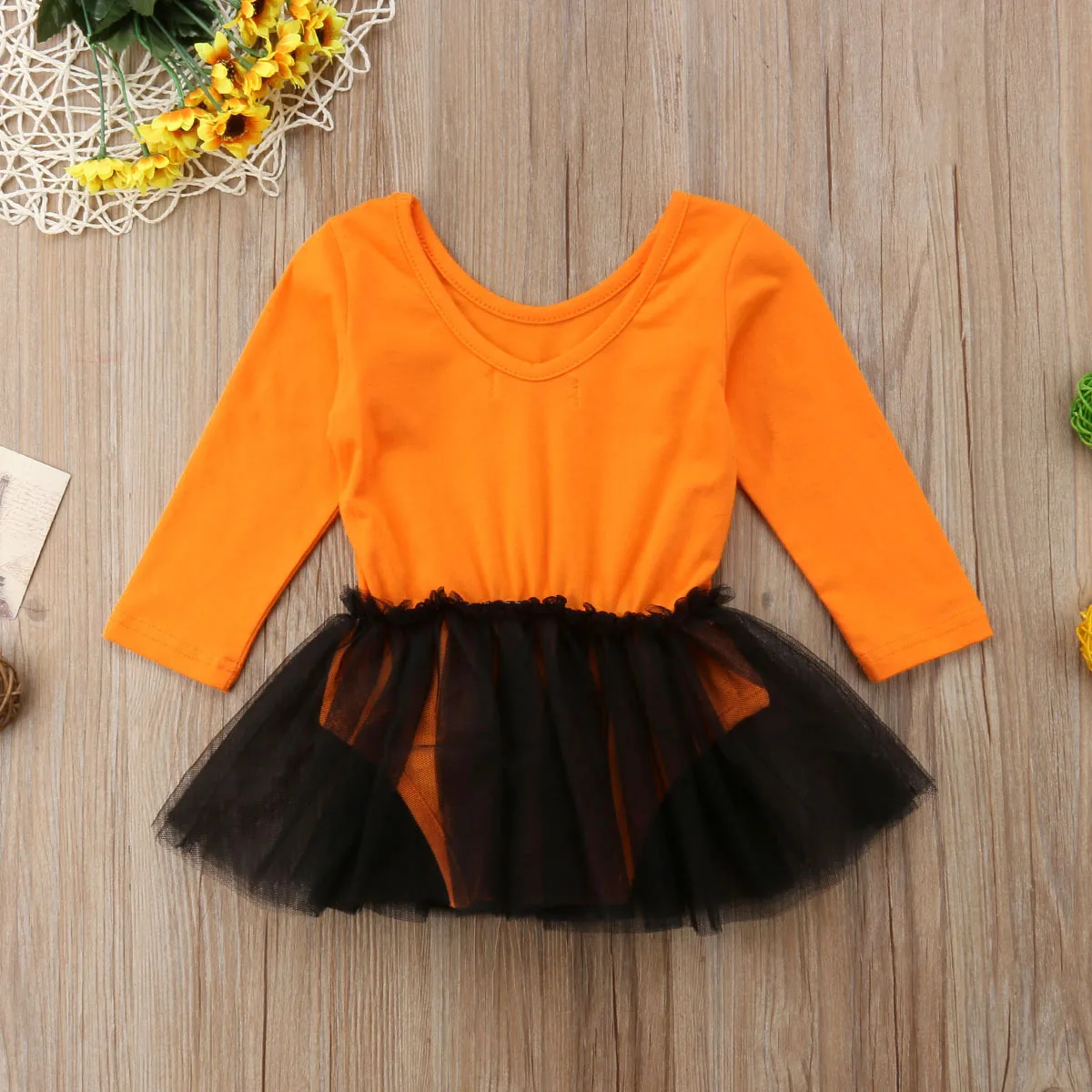 

New Kids Halloween Tulle Tutu Dress Bodysuits Infant Baby Boy Girl Long Sleeve Pumpkin Bodysuit Cotton Cute Child Clothes Outfit