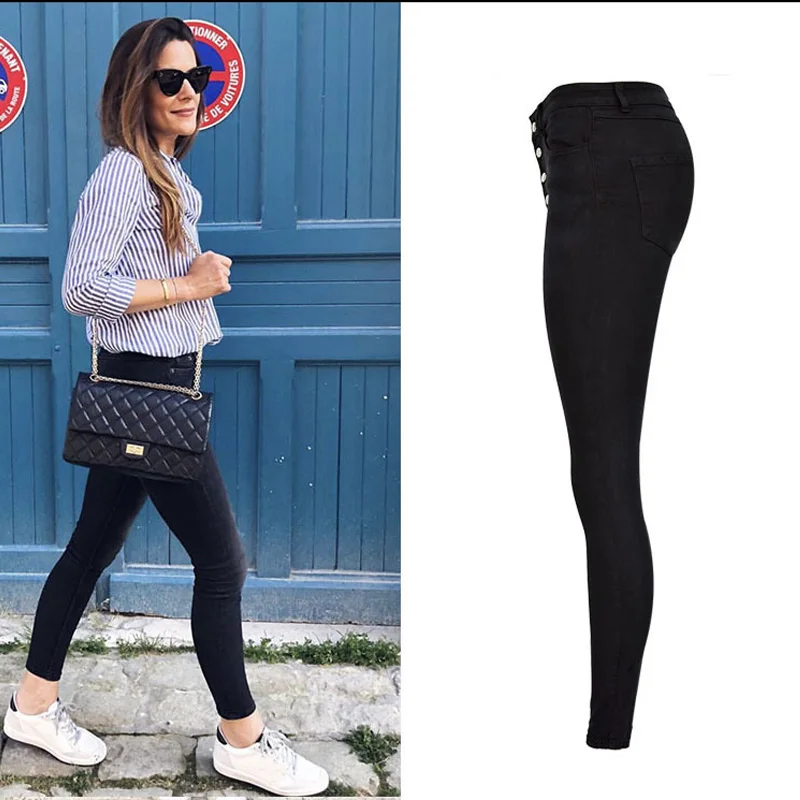 2019 Women Black Jeans Chic High Waist Single Button Sexy Pencil Slim Skinny Denim Pants | Женская одежда