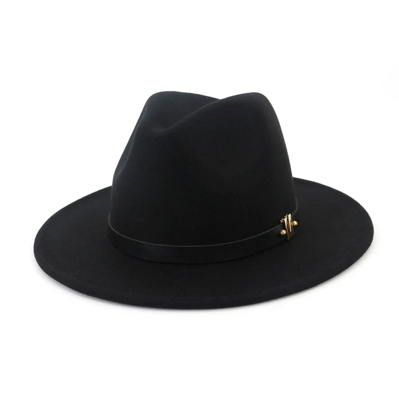 Черный Осень-зима широкий плоский Brim Wool Fedora Шапки с поясом Европейский США Мода Джаз Формальные Top Hat вводная черный Кепки для для мужчин Для женщин - Цвет: Черный