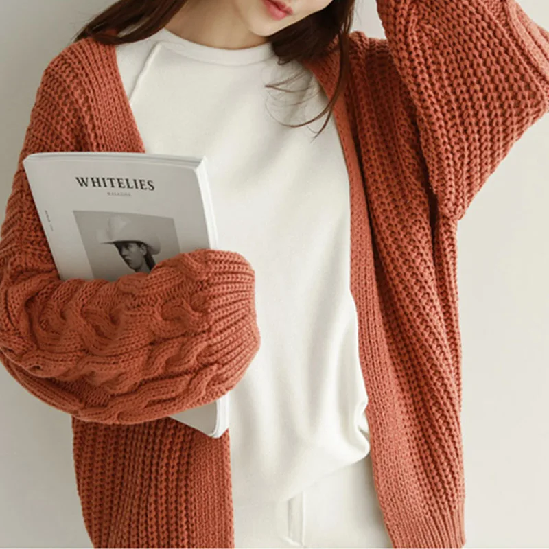 Yanueun Autumn Winter New Stylish Knitted Cardigan Long Sleeve Solid Loose Casual Sweaters Streetwear Women Clothing - Цвет: Orange Red