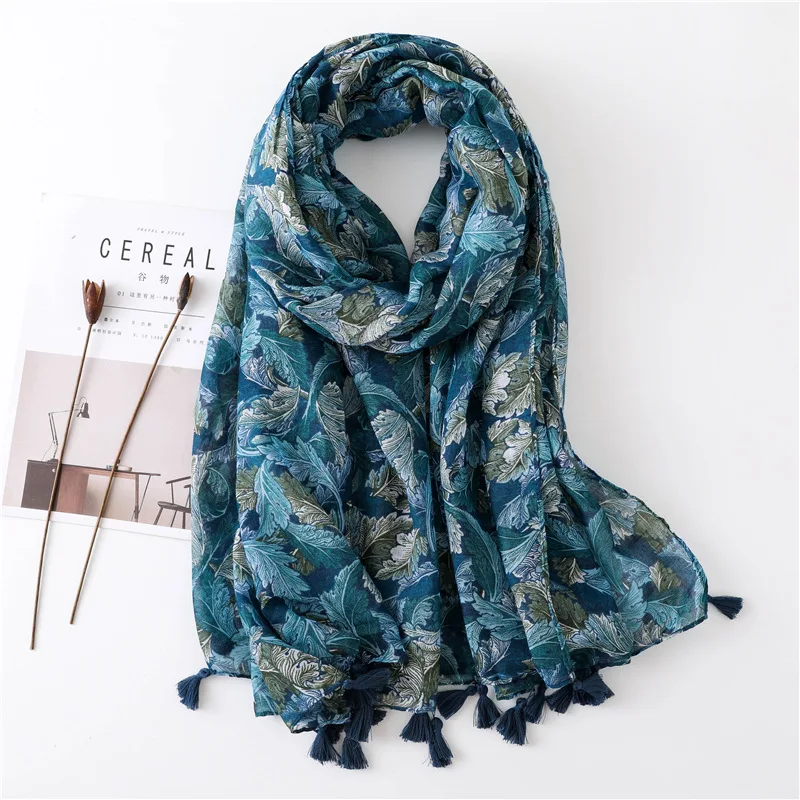 

Yishine 180*90CM Luxury Blue Flower Leaves Prints Long Voile Scarf Shawls for Women Girl Wraps Scarves Beach Viscose Shawl for L