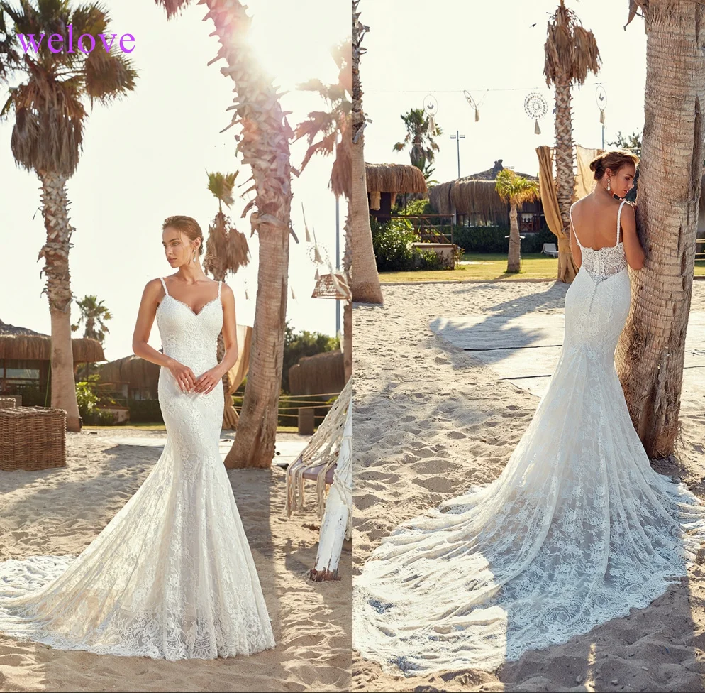 Robe de mariee/Новое поступление года, летнее пляжное свадебное платье с бретельками, белое платье с открытой спиной с юбкой-годе, свадебное платье es Vestige De Noiva