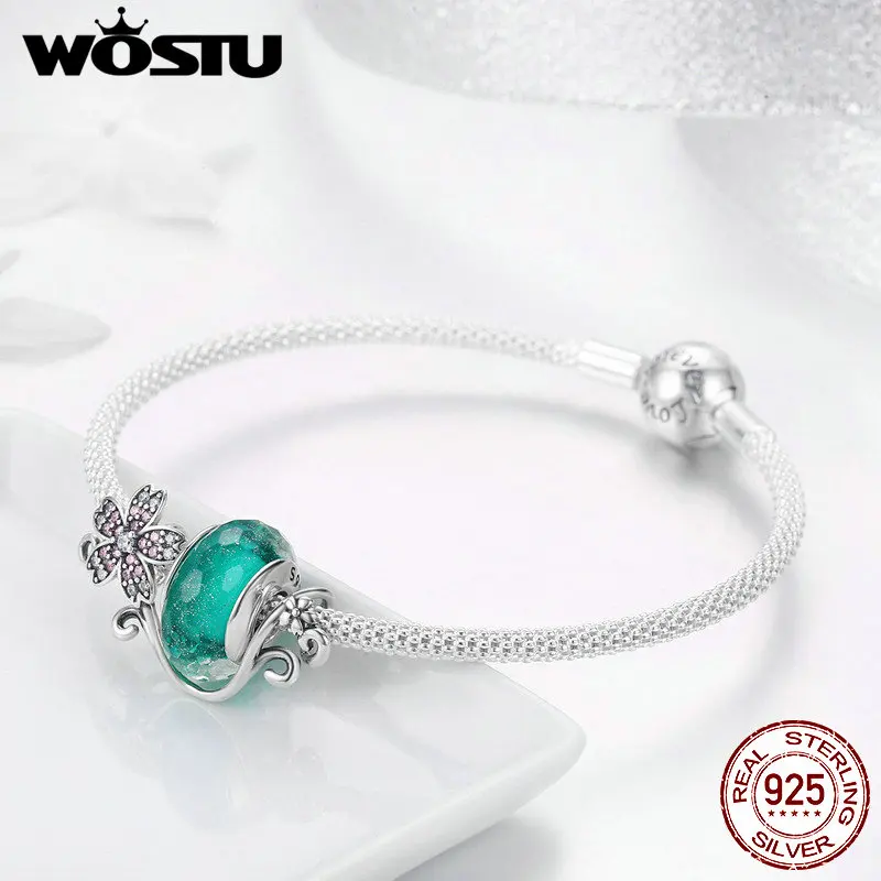 WOSTU Стерлинговое Серебро 925 пробы зеленый муранский бисер розовый цветок