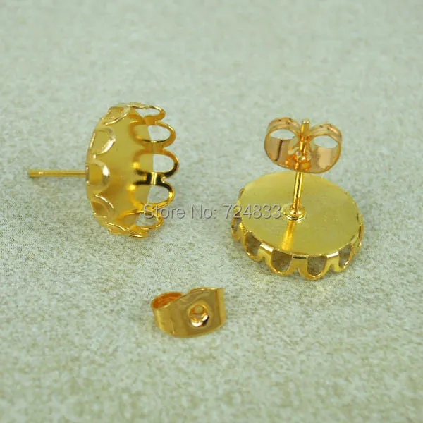 18mm Blank Earrings Settings Bases Round Bezel Stud Post w/ Stopper Back Earring Findings Golden tone Plated Wholesale - купить по