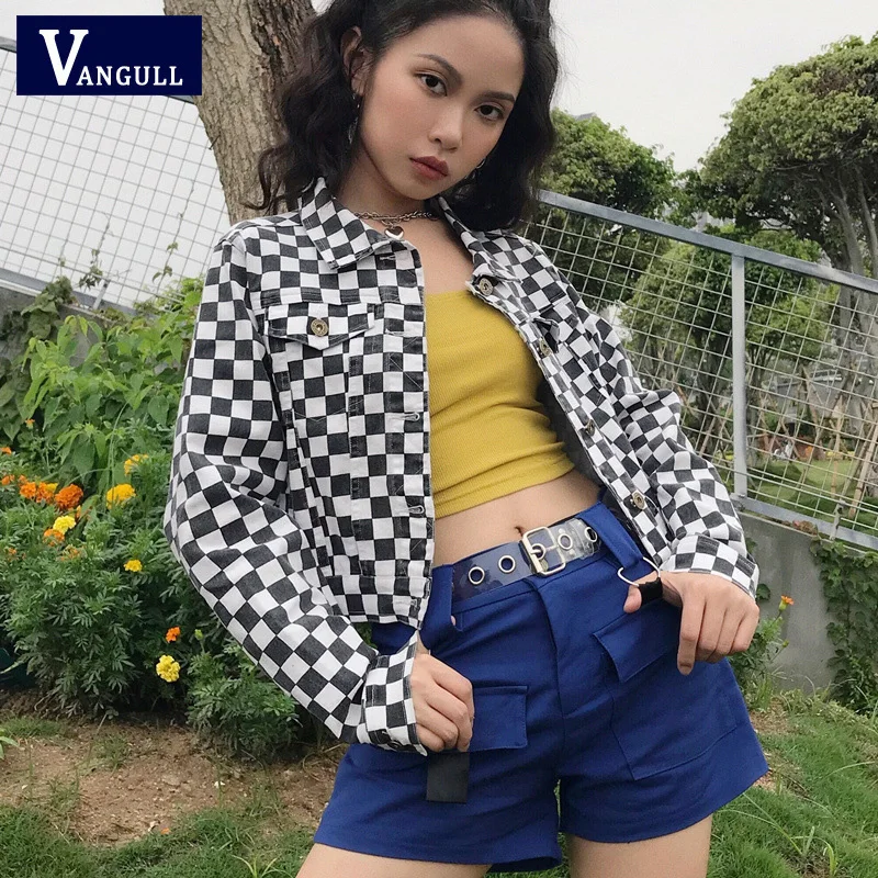 Vangull клетчатая укороченная Женская куртка 2021 Осень Harajuku клетчатые куртки уличные