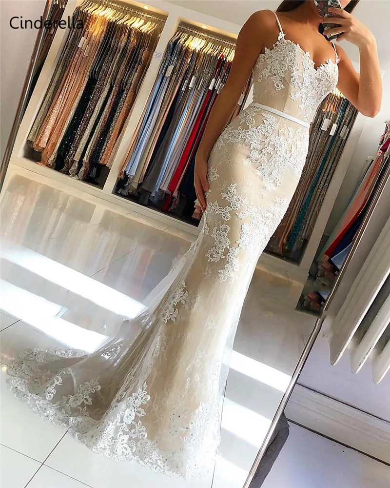 

Cinderella Spaghetti Straps Mermaid Sweep Train Covered Button Back Lace Evening Dresses vestidos de fiesta de noche