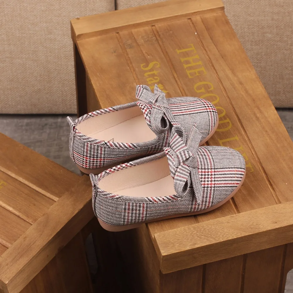 New Spring Autumn Girls Shoes All-match Kids Fashion Children Princess Lady With Bow-knot Flats Striped Grid | Детская одежда и