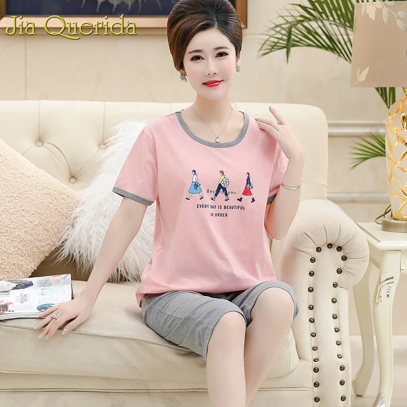 Pink Lingerie Women Short Pajama Set Summer 2019 2 Pcs Cropped Trousers Cotton Homeware Print Plus Size Sleepwear Mother's Gift | Женская