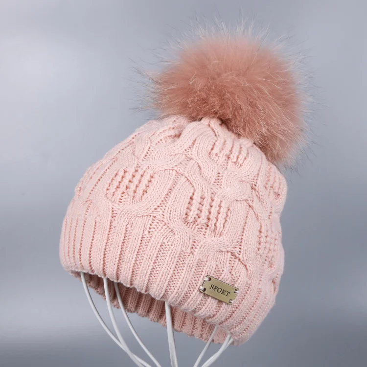 Fox Pom Pink hat Новинка, женская зимняя шапка с помпоном, кашемировая пряжа, плетеные шапочки с натуральным лисьим мехом норки, с помпоном, толстая, термальная, для женщин, девушек, skullies gorros - Цвет: Fox Pom Pink hat