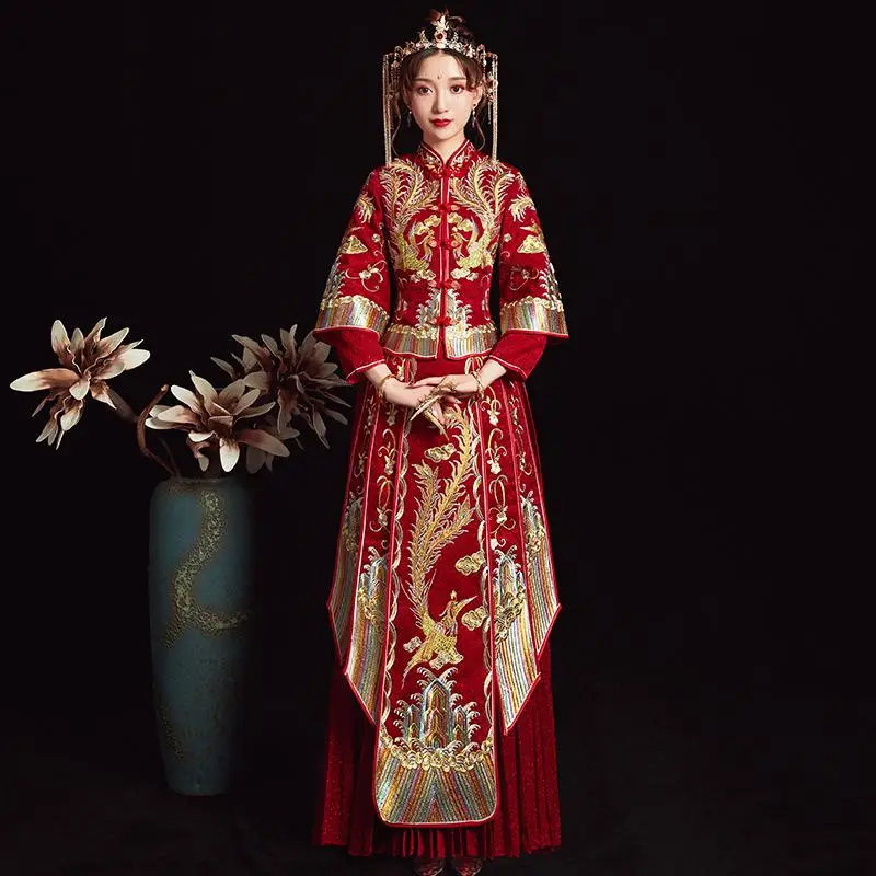 Изысканной вышивкой Украшенные стразами чехонг-костюм Hanfu Костюмы Традиционный китайский Для женщин свадебное платье высокое качественное платье Ципао - Цвет: Simple Phoenix C