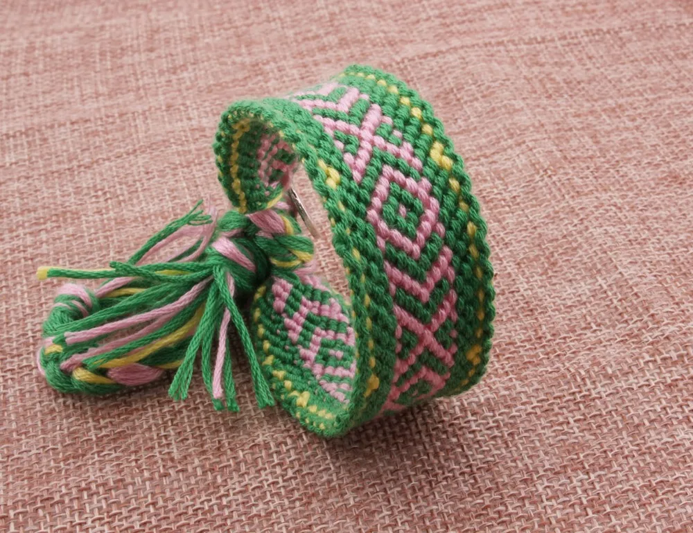 multicolored boho chic woven friendship bracelet cute life green pink yellow embroidery thread macrame cross prismatic | Украшения и