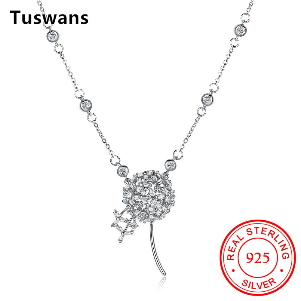 Luxury Zircon Clear Crystal Dandelion Pendant Necklace for Women Girl Gift Romantic 925 Sterling Silver Chain Jewelry Kolye | Украшения и