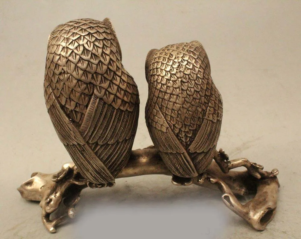 10&quot Folk Chinese Silver Sculpture Carved 2 Love Bird Scout Minerva Owl Statue | Дом и сад