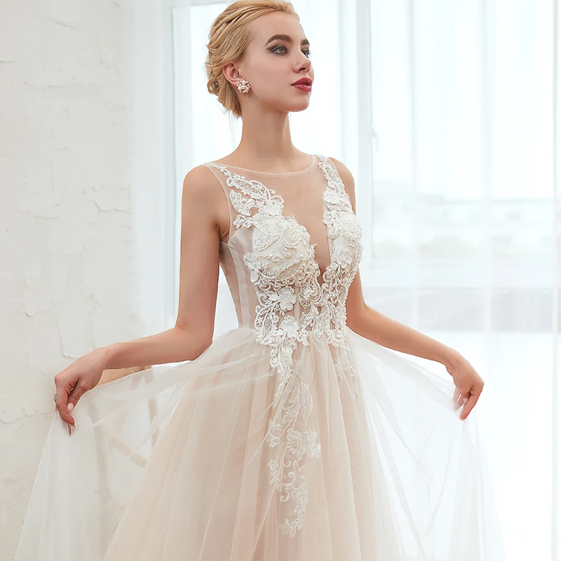 100% Real Photos Wedding Dresses Scoop Neck Sleeveless Illusion Bodice Vestido De Casamento Boho Bridal Dress For Summer | Свадьбы и