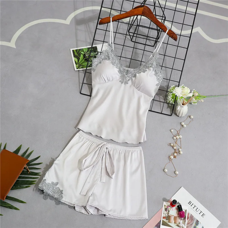 Pajama set Gray Женские пижамные комплекты, ночные рубашки, сексуальные женские атласные ночные рубашки, пижамы, шорты, пижамы, женские шелковые халаты с цветочным принтом подружек невесты - Цвет: Pajama set Gray