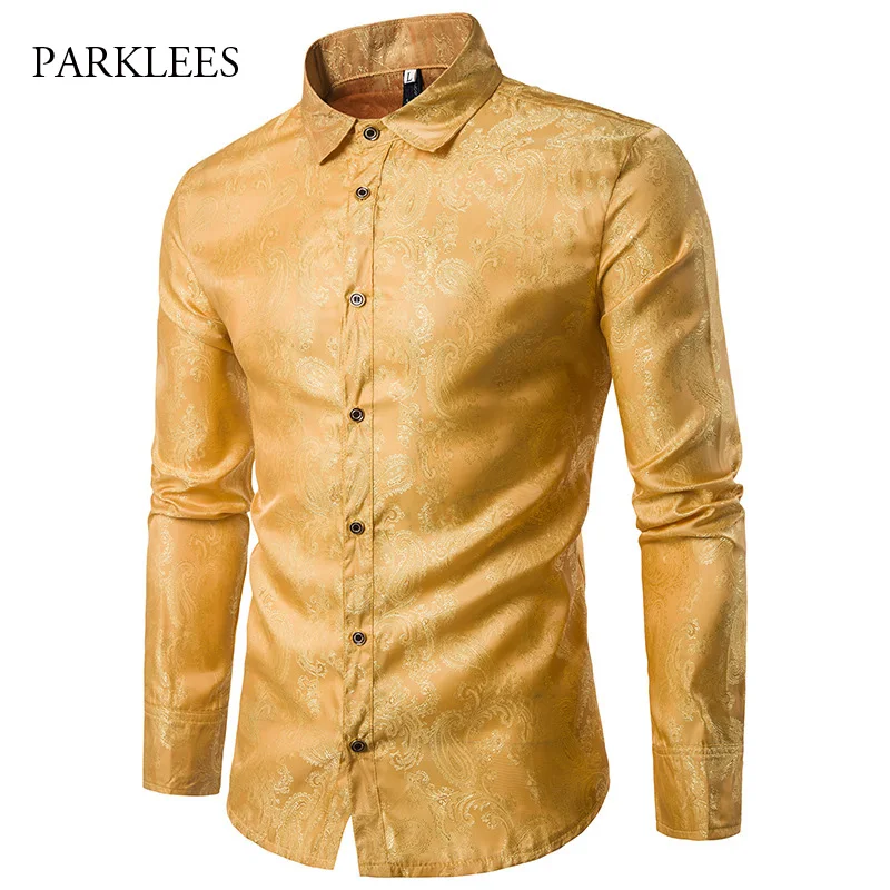 Золотые шелковые Сатиновые мужские рубашки с длинным рукавом Camisa Masculina платье