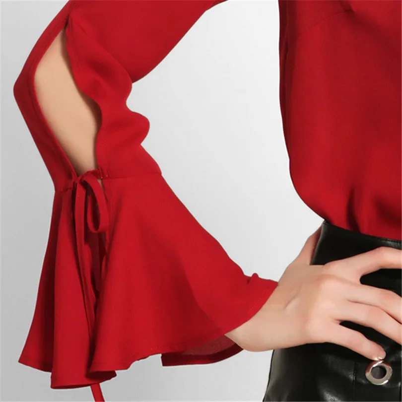 VOLINA chiffon shirt women tops long sleeve Flare red black ladies shirts summer hollow out plus size female fashion | Женская одежда