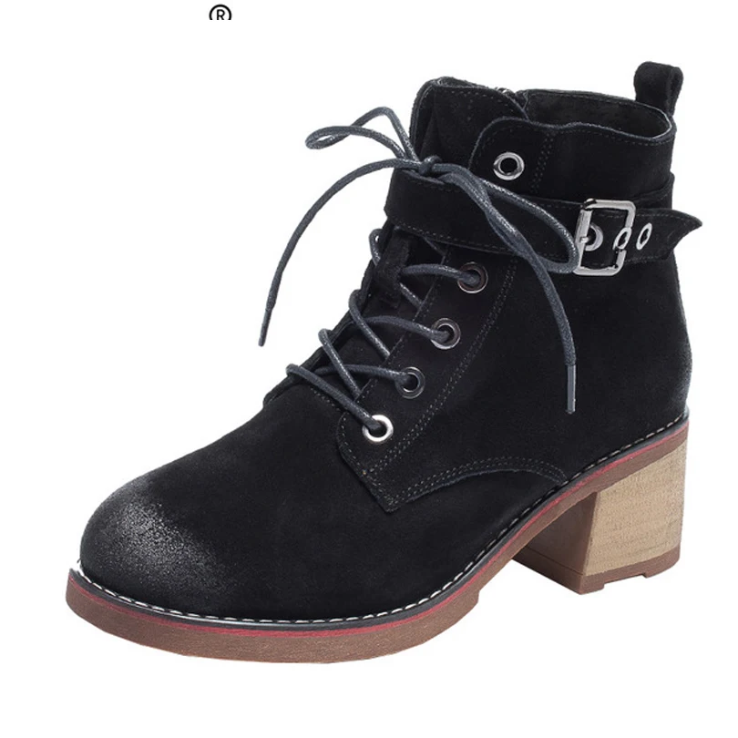 

Full Grain Natural Leather Women Cow Lace-up Boots High Heels Black Round Toes Riding Equestrian Woman's Solid Shoes For Women