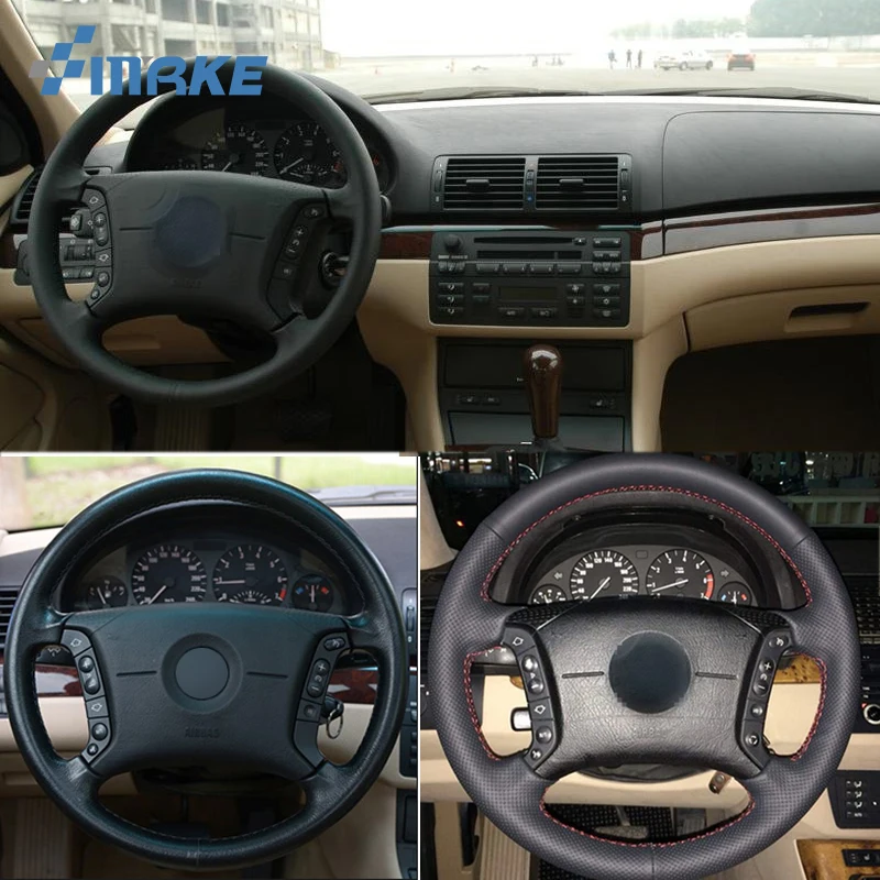 

For BMW E46 318i 325i E39 E53 X5 High Quality Hand-stitched Anti-Slip Black Leather Red Thread DIY Steering Wheel Cover