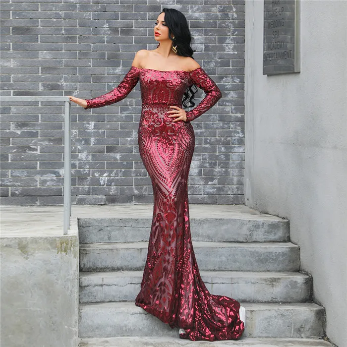 

2019 Party Dress Women Elegant Celebrity Fashion Night Club Off the Shoulder Slash Neck Sexy Dresses Maxi Autumn Winter
