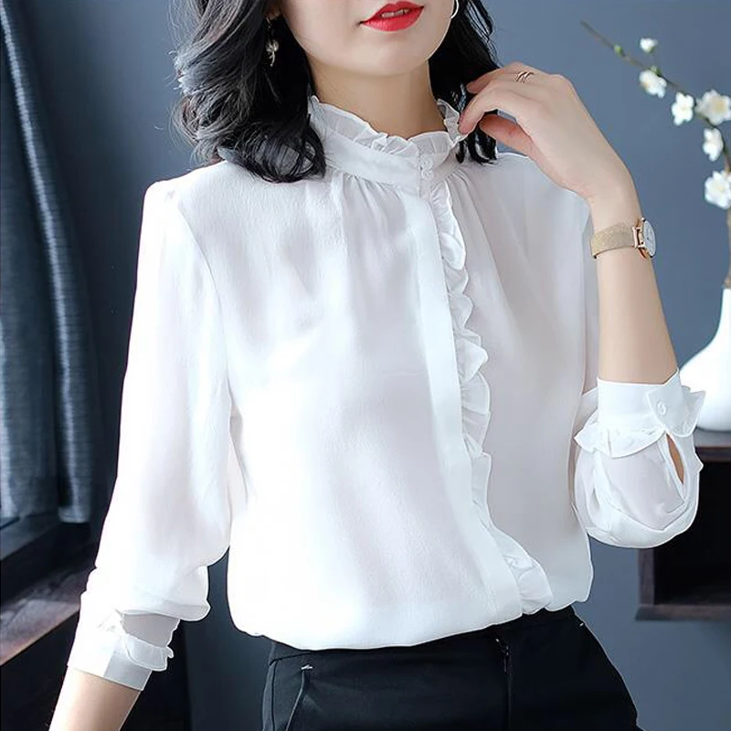 Женская Офисная белая шифоновая блузка топ с воротником-стойкой и оборками