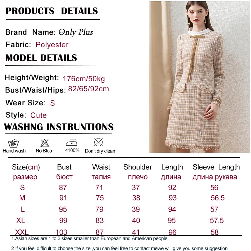 

Onlyplus Khaki Tweed Winter Dress Office Fashion Custom Midi Ladies Dress Long Sleeve Chic Plaid Thick lady of quality Dress