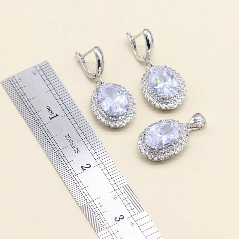 925 Silver Necklace Pendant Earrings Bracelet Bridal Jewelry Set for Women Christmas Gift Oval White Semi-Precious | Украшения и