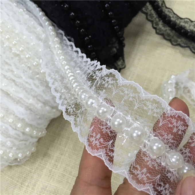 5 ярдов черное белое горячее кружево с декоративными бусами DIY шитье свадебное платье с узором кружево 4,2 см в ширину