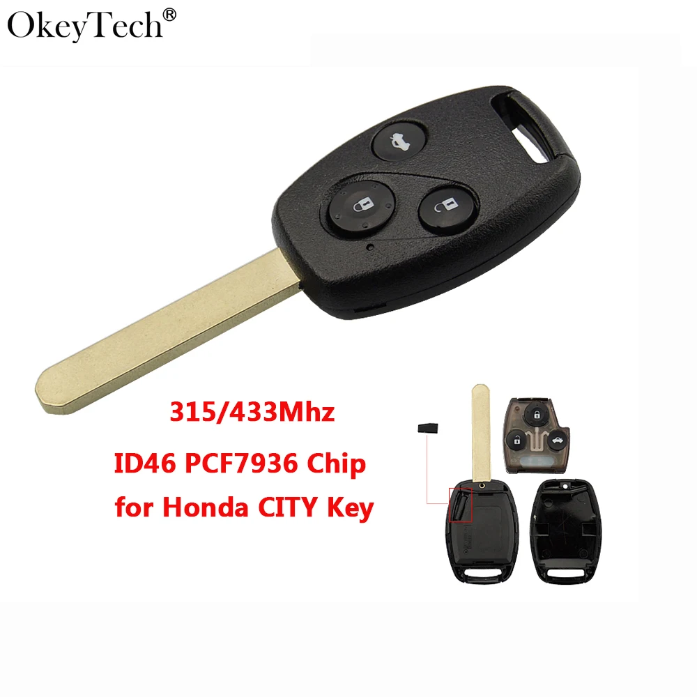 Okeytech дистанционный ключ 3 кнопки 315/433 МГц ID46 чип необработанное лезвие