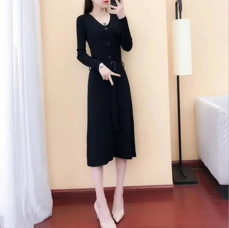 Женское трикотажное платье повседневное облегающее с длинным рукавом и высокой