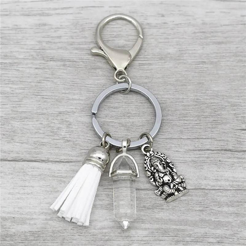 Indian Vintage Jewelry Antique Silver Meditation Elephant Buddha Ganesha Charm Tassel Pendant Natural Stone Key Rings Keychains | Украшения