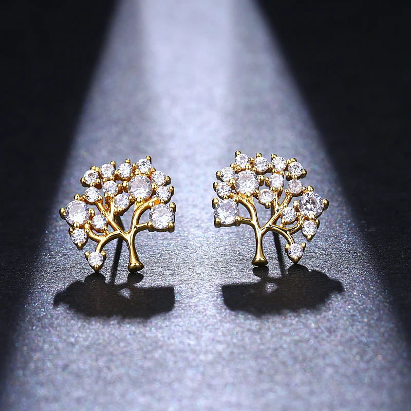 Yellow Gold LXOEN простой элегантный дерево форма три цвета AAA кубический циркон серьги для женщин Свадебные подарки популярные ювелирные изделия - Окраска металла: Yellow Gold