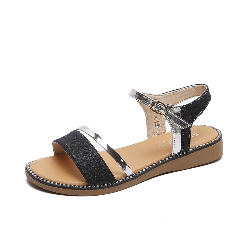 Сандалии женские летние на плоской подошве туфли с открытым носком блестящие