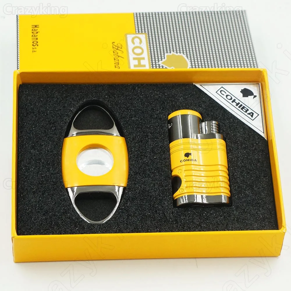 COHIBA металлическая зажигалка для сигар резак набор 4 факел струйное пламя газовые