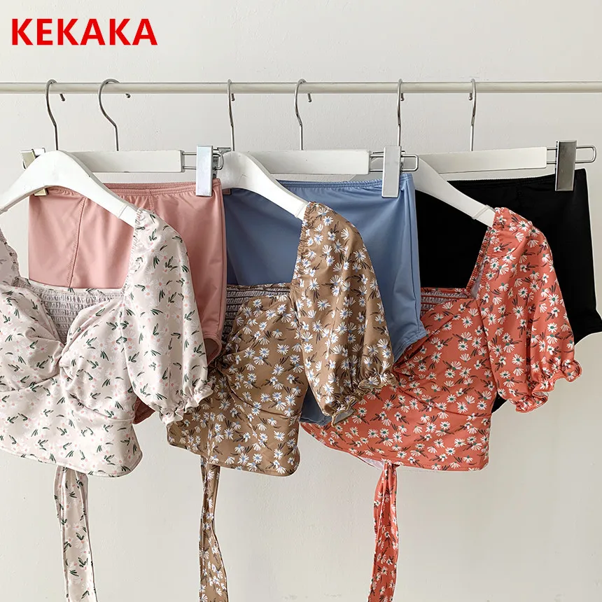 Корея Короткий рукав Дейзи Цветочный принт бикини Для женщин 2021 грудь с запахом