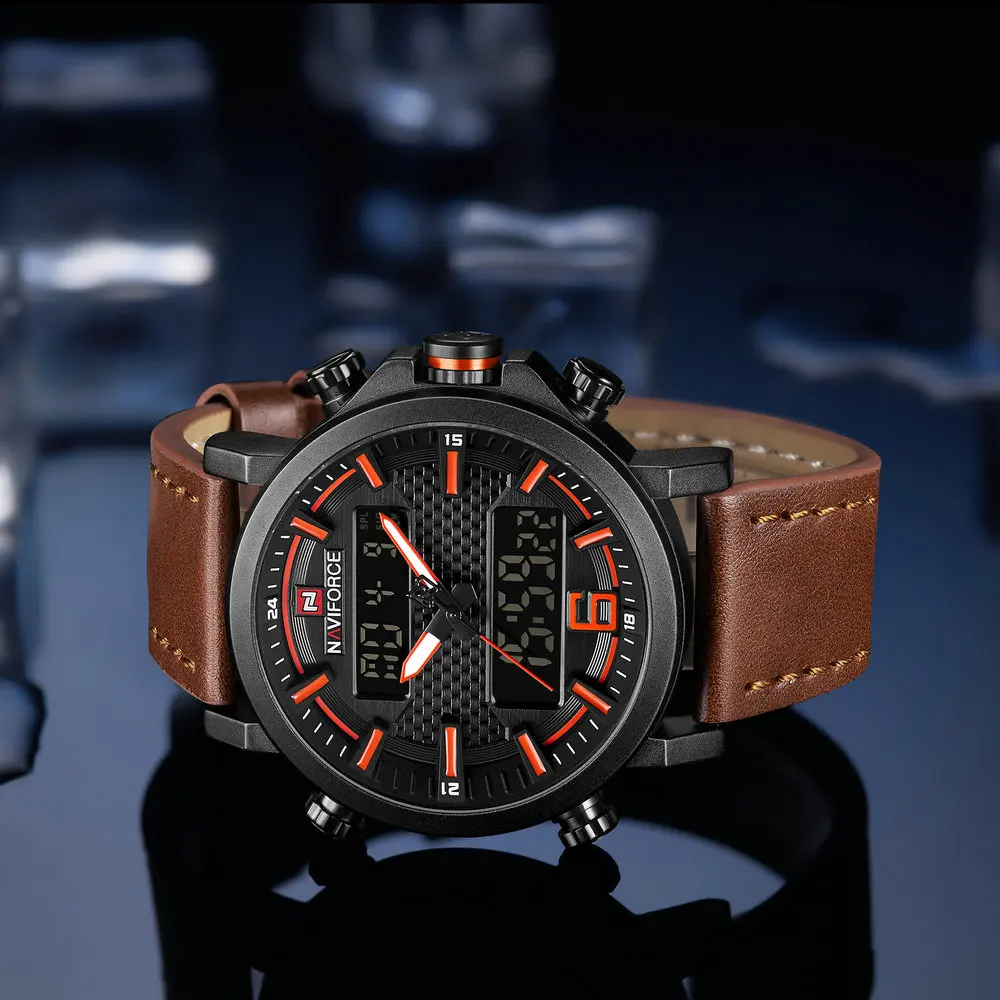 NAVIFORCE спортивные мужские часы Лидирующий бренд Luxuxry кварцевые светодиодный цифровые часы водонепроницаемые военные кожаные часы с двойным РЕМЕШКОМ НАРУЧНЫЕ ЧАСЫ