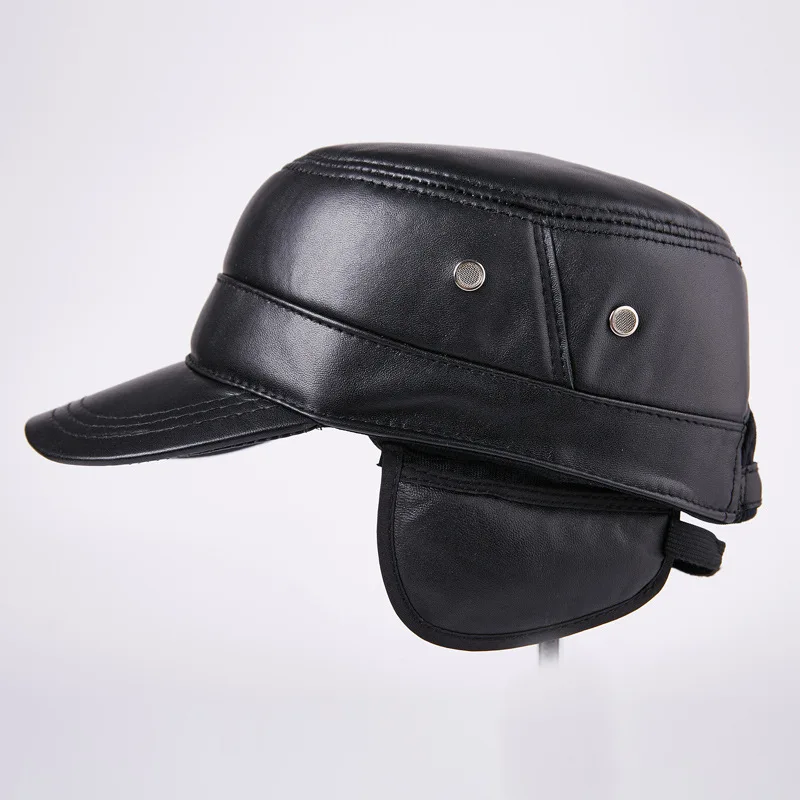 2019 New Winter Men Genuine Leather Ear Protection Caps Fashion Casual Warm Cotton Plush Male Outdoor Bomber Hats New Year Gift