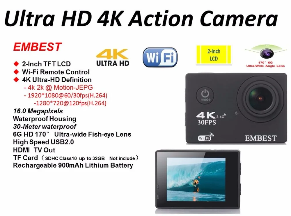 EMBEST F60/F60R Экшн-камера Ultra HD 4K WiFi 1080 P/60fps 2,0 lcd 170D Водонепроницаемая экшн-видеокамера на шлем с дистанционным управлением