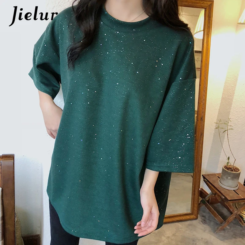 Jielur блестками Свободная Женская футболка лето уличный стиль Harajuku BF с коротким