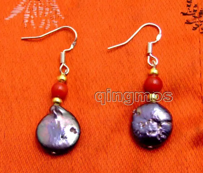 Круглая натуральная пресноводная жемчужина черная монета 12-13 мм и красный коралл