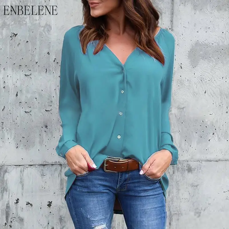 2018 New Ladies Full Sleeve Chiffon Tops For Women V-neck White Black Pink Female Loose Blouses Shirts Plus Size 45XL NH053 |