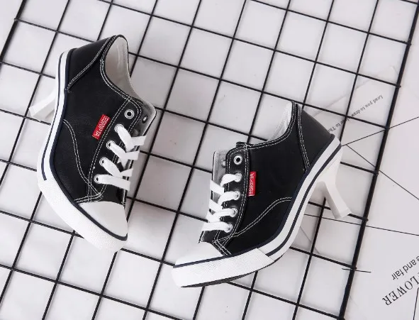 

Boots Women Canvas Shoes 2019 New Women's Shoes High Heels 7cm Female Canvas Pumps Lady's Boots Ankle Lace-Up Thin Heels Shoes