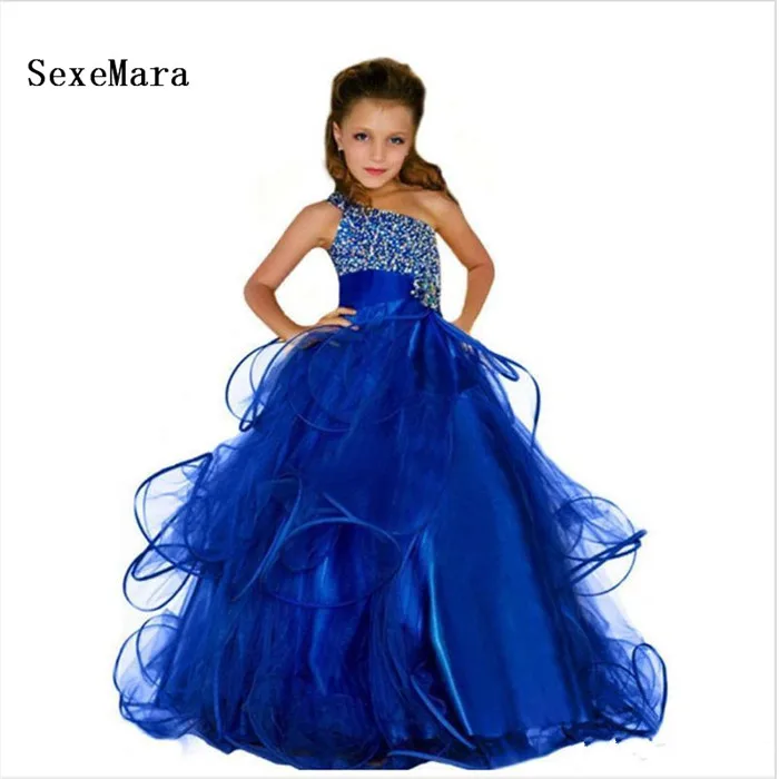 Elegant Royal Blue Floor Length Flower Girl Dress Beading Crystals Puffy Wedding Birthday Pageant Gown Girls | Детская одежда и