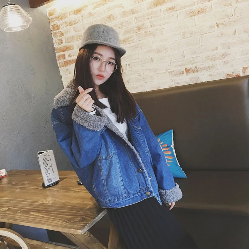 Модная осенне-зимняя теплая женская джинсовая куртка свободного кроя большого