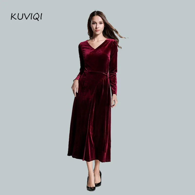Europe and the United States high-end new V-neck long-sleeved Slim was thin velvet long dress female | Женская одежда