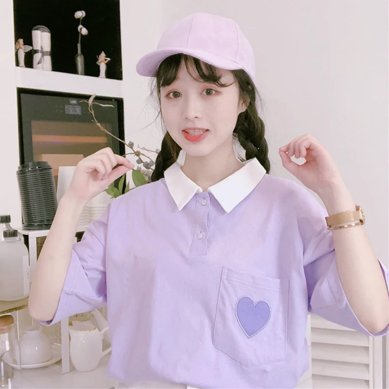Pockets Women T-shirts Summer Preppy Style All- Match Candy Color Femela Tees Heart Embroidery | Женская одежда