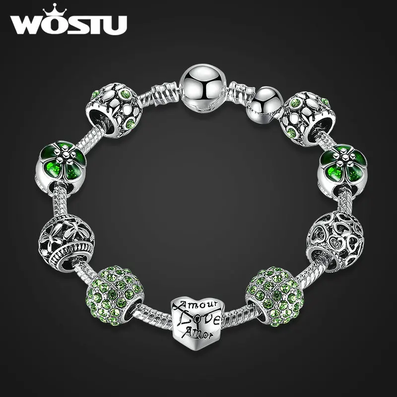 Женский браслет с ажурным сердцем зелеными бусинами|charm bracelet|silver charm braceletbracelets &