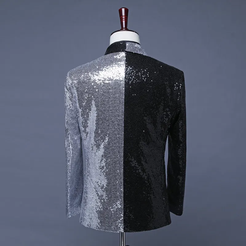 Уникальные мужские блейзеры получерная и серебристая блестящая куртка костюм