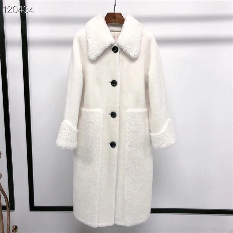 white Шерстяное зимнее пальто, куртка с отложным воротником, овчина, мех, шерсть, средней длины, пальто большого размера, зимняя модная одежда с мехом - Цвет: white